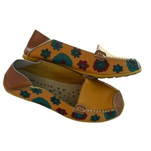 Handmade Size 10 Funky Floral Print Leather Slip On Shoes